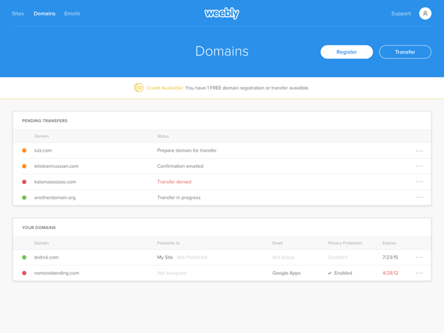 Domains Home Screen